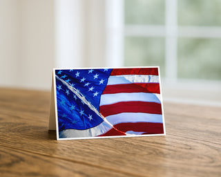 5x7 greeting card featuring a close-up of the American flag with vibrant red, white, and blue stars and stripes, patriotic fine art photography by Will Davis Studios.