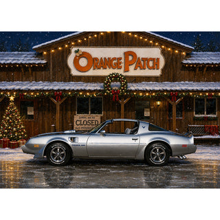 1979 Pontiac Trans Am Christmas greeting card showing the silver classic muscle car parked in falling snow outside a country store decorated with garland, wreaths, holiday lights, and a glowing Christmas tree with presents. 5x7 card.