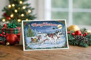 Will Davis Studios Merry Christmas greeting card featuring huskies pulling a sleigh of gifts through a snowy village scene, displayed on a wooden table surrounded by festive holiday decorations including ornaments, pinecones, evergreen garland, and a softly lit Christmas tree.