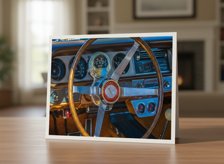 Close-up of a vintage car steering wheel and dashboard on a wooden surface.