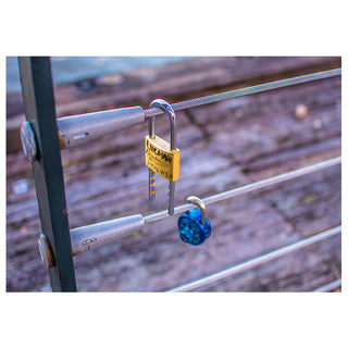 Fine art photograph of two padlocks, or love locks, clasped to a weathered metal railing in New Orleans with a soft blurred background, a romantic architectural detail printed as a 5x7 greeting card by Will Davis Studios.