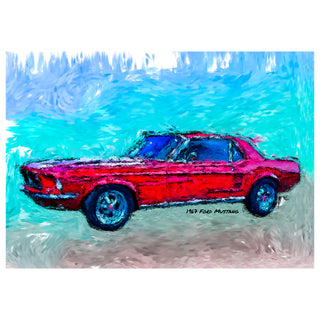 Painted red 1967 Ford Mustang on a blue and white abstract background