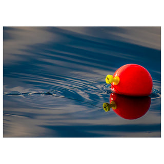 Red fishing float with yellow bobber on calm water