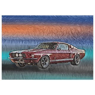 Vintage car on a textured background with a gradient of blue, orange, and purple.