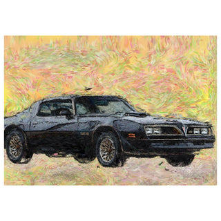 Painterly illustration of a classic black muscle car with chrome wheels, shown in three-quarter view against a warm, abstract background of yellow, green, and pink brushstrokes. 1977 Pontiac Trans Am