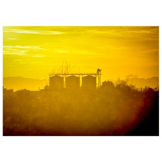Sunset with silhouettes of structures and trees in the foreground. Fine Art Greeting Card by Will Davis Studios Photo by Matt Punches