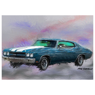 Artistic depiction of a 1970 Chevelle with a colorful abstract background. Fine Art Greeting Card By Will Davis Studios Photo by Matt Punches