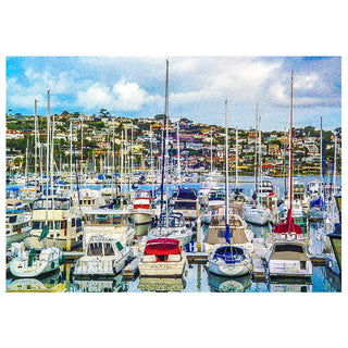 San Diego Marina with numerous boats docked, surrounded by a scenic landscape. Fine Art Greeting Card by Will Davis Studios Photo by Matt Punches