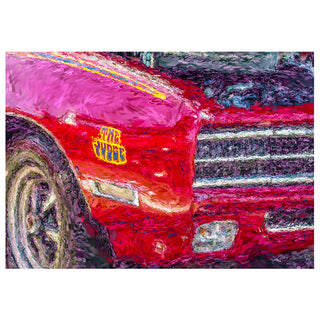 Close-up of a red Pontiac GTO with a colorful, abstract filter applied