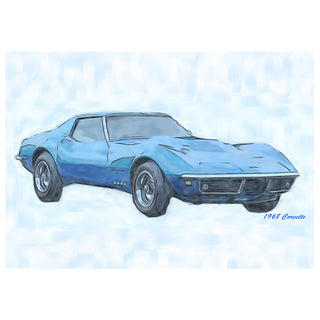 Artistic illustration of a blue 1968 Corvette against a light blue sky. background. Fine Art Greeting Card by Will Davis Studios Photo by Matt Punches
