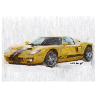 Yellow sports car with black stripes on a textured white background 2005 Ford GT
