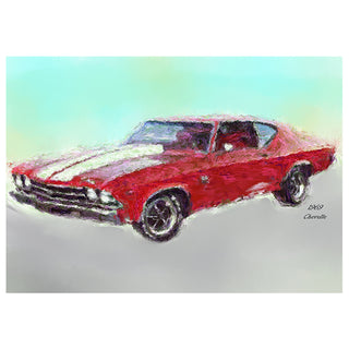Artistic depiction of a red 1969 Chevrolet Chevelle on a gradient background