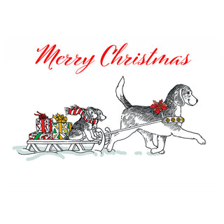 Illustration of a Beagle with a sled full of Christmas presents and 'Merry Christmas' text on a white background. Fine Art Greeting Card By Will Davis Studios