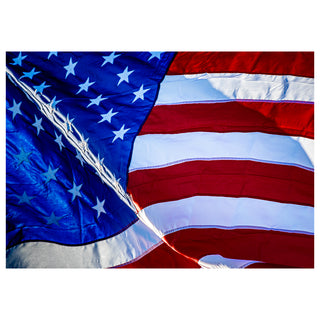 Close-up American flag with stars and stripes waving, patriotic fine art photography 5x7 greeting card design by Will Davis Studios.