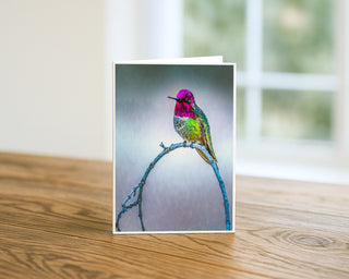 Anna’s hummingbird with vibrant magenta throat and green feathers perched on a curved branch, fine art wildlife greeting card displayed on a wooden table.