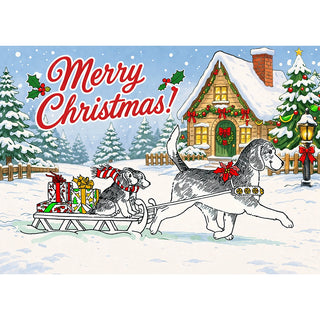 Funny beagle Christmas greeting card with a cartoon beagle in a jingle-bell harness pulling a sled loaded with presents and a puppy in a striped scarf, past a snowy decorated cottage with Merry Christmas lettering. 5x7 card.