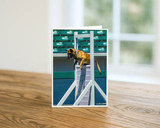 Belgian Malinois jumping over an agility obstacle at a dog sports event, featured on a vertical greeting card photographed on a wooden table.
