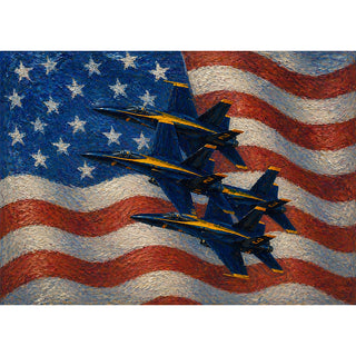Blue Angels diamond formation American flag 5x7 greeting card from Will Davis Studios featuring four US Navy F/A-18 Hornets in signature diamond formation against a painterly American flag — naval aviation patriotic fine art card