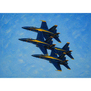 Angels oil painting 5x7 greeting card from Will Davis Studios featuring Four US Navy F/A-18 Hornets in tight stepped formation with signature blue and gold paint scheme against a painterly blue sky — naval aviation fine art card