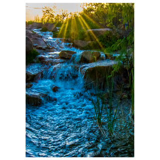 Desert stream at sunrise fine art landscape photography featuring golden sun rays shining over flowing water and rocks, Southwest nature greeting card image by Matt Punches from Will Davis Studios.