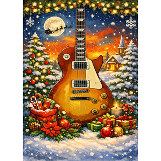 Festive electric guitar Christmas greeting card with snowy winter village, holiday lights, gifts, and Santa’s sleigh under a moonlit sky, holiday music art by Will Davis Studios.