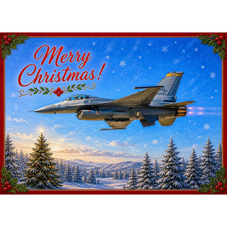 F-16 Fighting Falcon Christmas greeting card with the fighter jet flying over a snowy valley and glowing Christmas tree, framed in crimson with holly corners and vintage Merry Christmas lettering. 5x7 card.