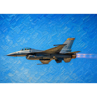 Painterly aviation art greeting card of an F-16 Fighting Falcon fighter jet in flight with afterburner blazing, shown in profile against a textured brushstroke blue sky. 5x7 card.