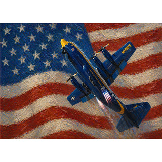 Fat Albert C-130 American flag 5x7 greeting card from Will Davis Studios featuring the US Marine Corps C-130 Hercules in Blue Angels blue and gold paint scheme during powered climb against a painterly American flag — Marine aviation patriotic fine art card