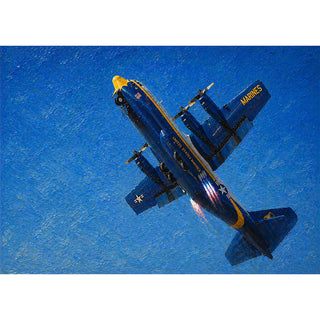 Fat Albert C-130 oil painting 5x7 greeting card from Will Davis Studios featuring the US Marine Corps C-130 Hercules in Blue Angels blue and gold paint scheme during a powered climb against a painterly blue sky — Marine aviation fine art card