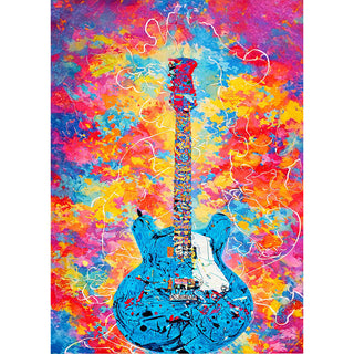 Funky blue electric guitar with colorful abstract paint splashes, modern music art 5x7 greeting card design by Will Davis Studios.