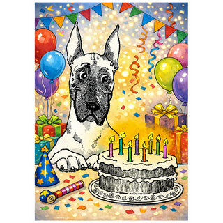 Funny Great Dane birthday party greeting card with cake, candles, balloons, and colorful confetti, festive dog birthday illustration by Will Davis Studios.