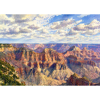Grand Canyon watercolor 5x7 greeting card from Will Davis Studios featuring layers of red and gold sandstone buttes and side canyons fading to lavender at the horizon under a wide Arizona sky — Southwest landscape fine art card