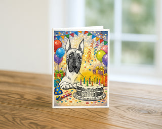Funny Great Dane birthday greeting card standing on a wooden table with balloons, party decorations, and a candle-lit cake, colorful dog birthday card by Will Davis Studios