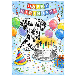 Happy Birthday Dalmatian dog greeting card with balloons, confetti, colorful banner, and birthday cake with candles, fun 5x7 puppy birthday card by Will Davis Studios.