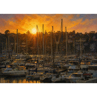 Painterly fine art greeting card of a marina at sunset, with sailboat masts silhouetted against a glowing gold and lavender sky, boats resting in their slips, hillside homes among the trees, and the sun's reflection shimmering on the harbor water. 5x7 card.