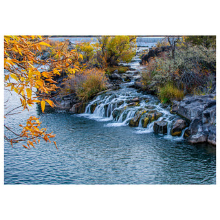 Idaho Falls waterfall in autumn with colorful fall foliage and cascading water, fine art photography greeting card by Will Davis Studios