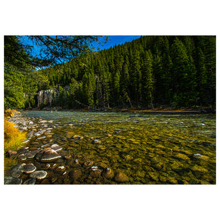 Montana river landscape with clear flowing water, rocky shoreline, and evergreen forest mountains, fine art photography 5x7 greeting card by Will Davis Studios