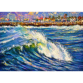 Ocean Beach California 5x7 greeting card from Will Davis Studios featuring a painterly cresting wave with the Ocean Beach pier, jetty, and shoreline skyline in the background — coastal fine art card