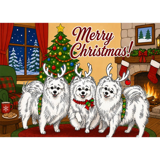 Funny Pomeranian Christmas greeting card with three cartoon Pomeranians wearing reindeer antlers in a cozy living room with a Christmas tree, fireplace, stockings, and Merry Christmas lettering. 5x7 card.