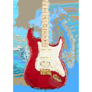 Red electric guitar fine art illustration on colorful abstract background, music-themed 5x7 greeting card design by Will Davis Studios.