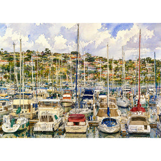 San Diego harbor marina watercolor 5x7 greeting card from Will Davis Studios featuring rows of sailboats and cabin cruisers in their slips with the Point Loma hillside and red-tile rooftops behind — coastal fine art card