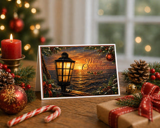 Star of India lamp Christmas 5x7 greeting card from Will Davis Studios displayed standing on a wooden table near a bright window — glowing brass-and-glass ship lantern at sunset with snowfall, holly border, red ornament, velvet bow, and Merry Christmas script, maritime holiday fine art card