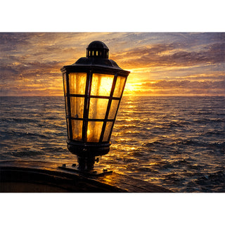 Star of India lamp at sunset 5x7 greeting card from Will Davis Studios featuring a glowing brass-and-glass deck lantern from the historic tall ship with a golden Pacific sunset and reflection on the water — maritime fine art card