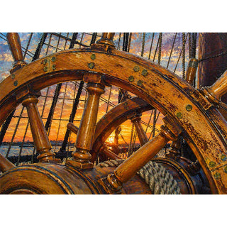 Star of India ship's wheel at sunset 5x7 greeting card from Will Davis Studios featuring the historic tall ship's wooden helm with brass-banded spokes against a golden Pacific sunset and rigging — maritime fine art card