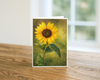Sunflower oil painting 5x7 greeting card from Will Davis Studios displayed standing on a wooden table near a bright window — golden sunflower with green leaves on a painterly green background, botanical fine art card