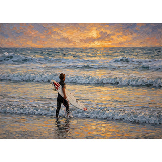 Painterly fine art greeting card of a lone surfer standing in the shallows at sunset, surfboard under arm, watching rolling whitewater waves as a golden sky reflects in ribbons of amber light on the wet sand. 5x7 card.