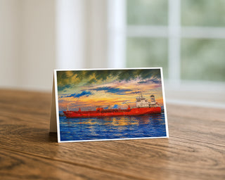 Tanker ship sunset greeting card standing on a wooden table beside a softly blurred window, showing a painterly red cargo vessel on blue water beneath sweeping sunset clouds. 5x7 maritime fine art card by Will Davis Studios.
