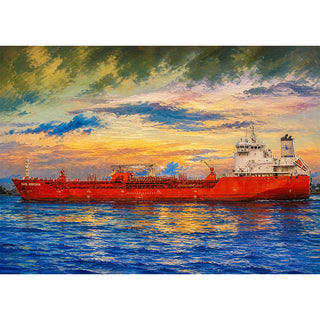 Maritime painterly greeting card of a red-hulled tanker ship gliding through deep blue water at sunset, with gold, lavender, and green clouds sweeping the sky and reflections shimmering on the swells. 5x7 fine art card.