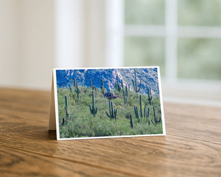 7x5 landscape greeting card displayed on a wooden table featuring a scenic desert view of saguaro cacti in Tucson, Arizona with mountain backdrop, fine art landscape photography by Will Davis Studios