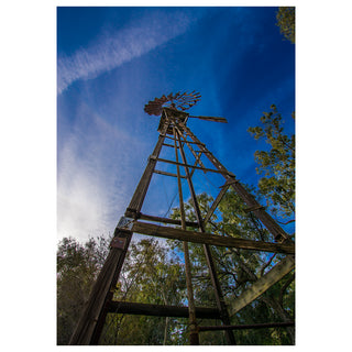 Fine art photograph shot from directly below a tall weathered wooden windmill looking upward, its latticed timber frame and spinning wheel silhouetted against a deep cobalt blue sky with wispy clouds, surrounded by lush green cottonwood and willow trees, printed as a 5x7 greeting card by Will Davis Studios.